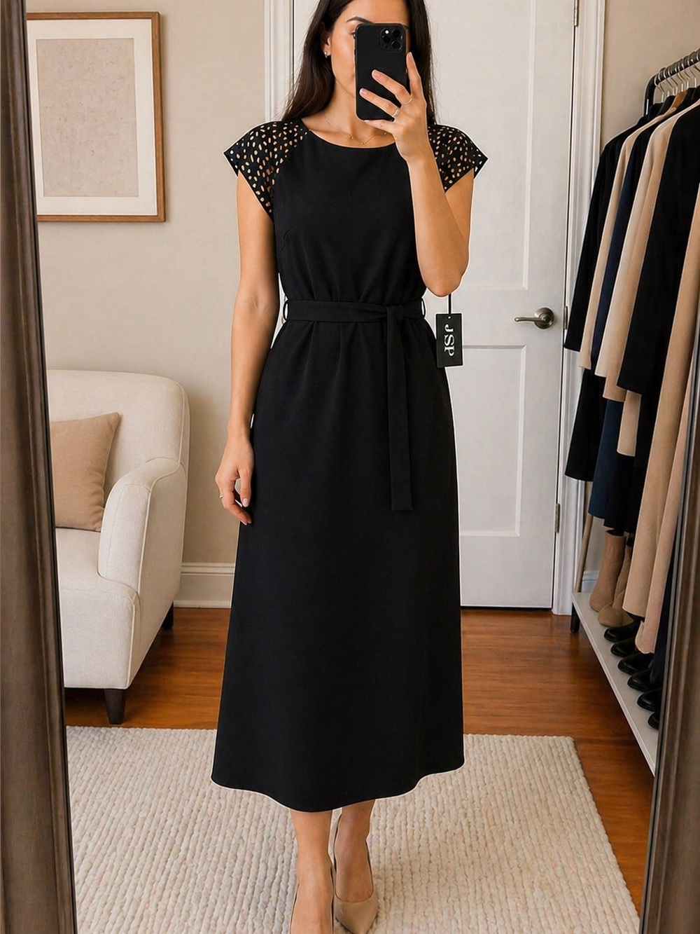JSP Black Midi Shift Dress with Lace Cap Sleeves